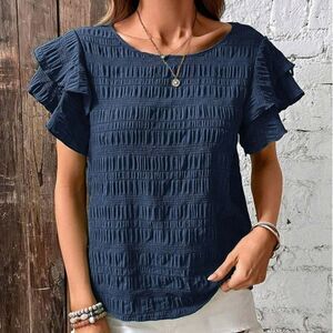 Navy Ruffle Sleeve Blouse
